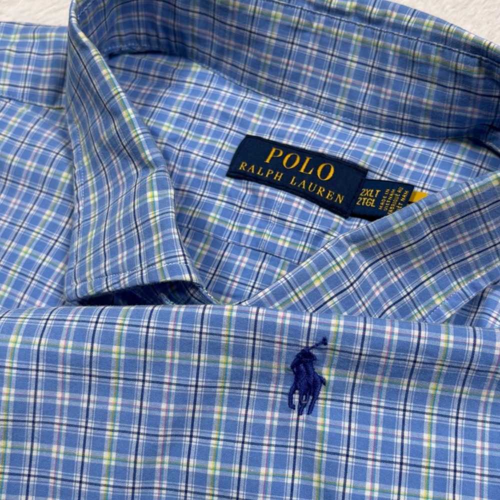 Polo Ralph Lauren Button Shirt Men 2XL TALL Blue Plaid Check Pony Stretch Preppy